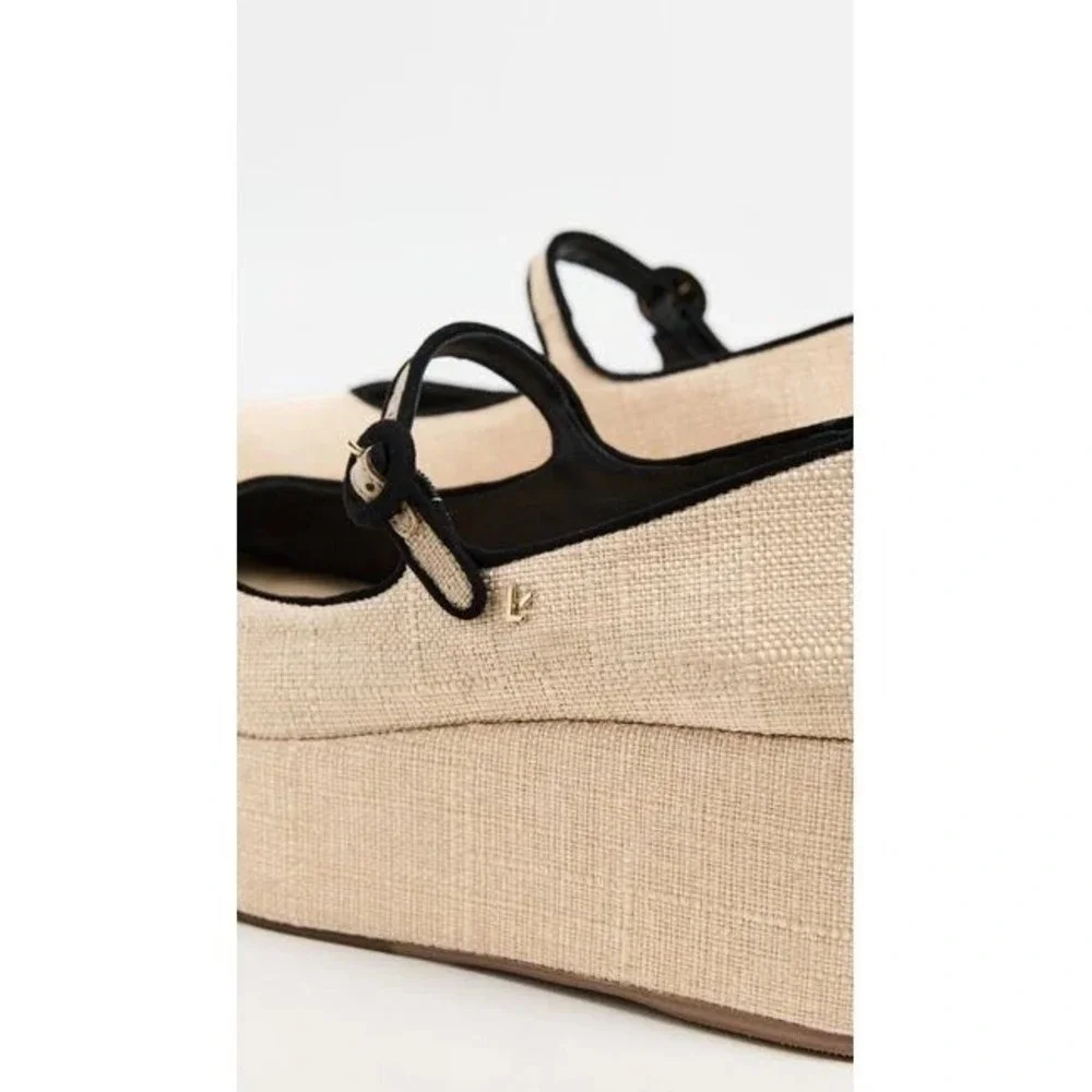Larroude Brigitte Platform Mary Jane Raffia Natural Black Trim Shoes 8.5 NEW